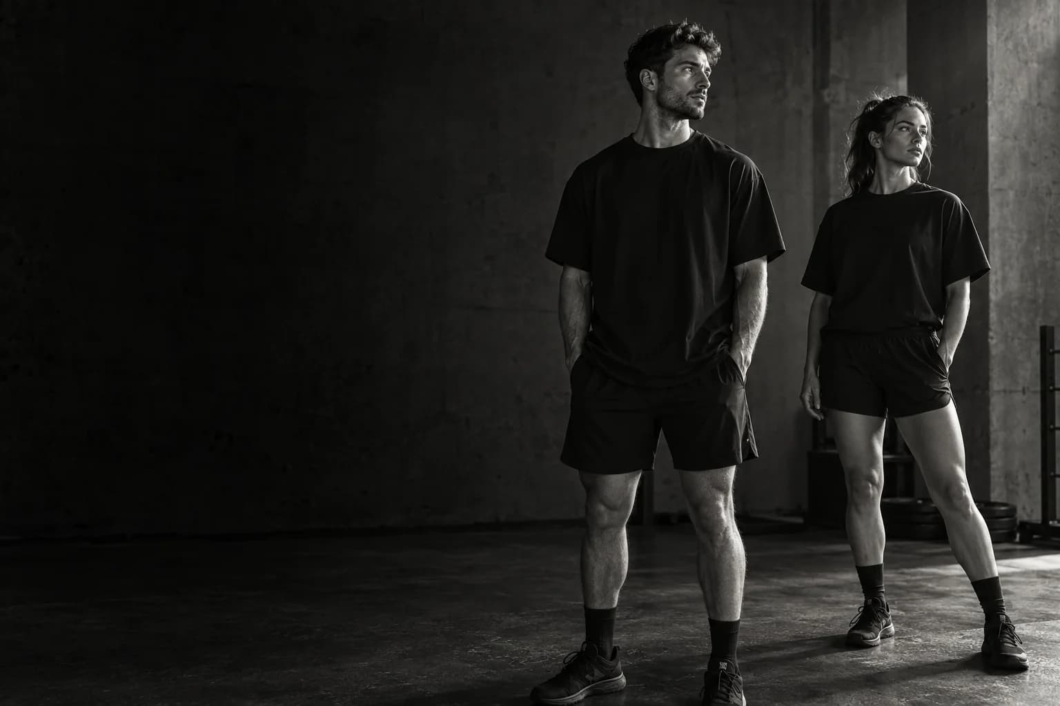 Dois atletas com roupas pretas em um cenário de concreto, campanha conceitual Athar
